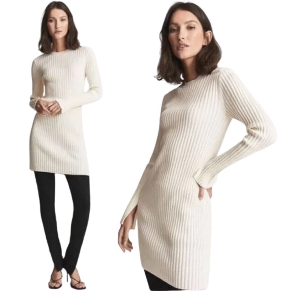 Reiss Ember Ribbed Knit Sweater Mini Dress Women's Small Ivory Cotton Cashmere